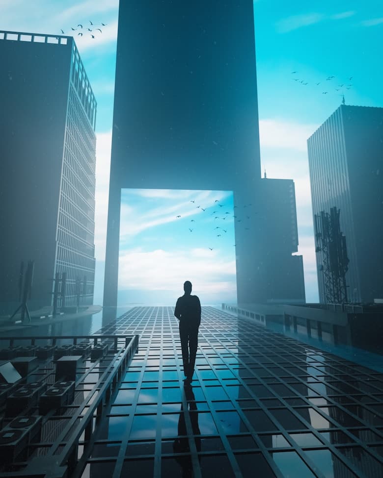 A person looking across a futuristic city walkway